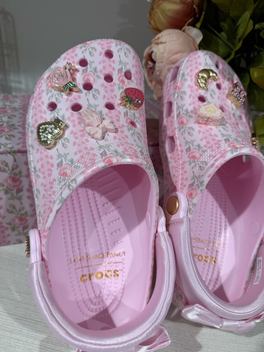 LoveShackFancy Pink Crocs with Gold Logo - Picture 4 of 6